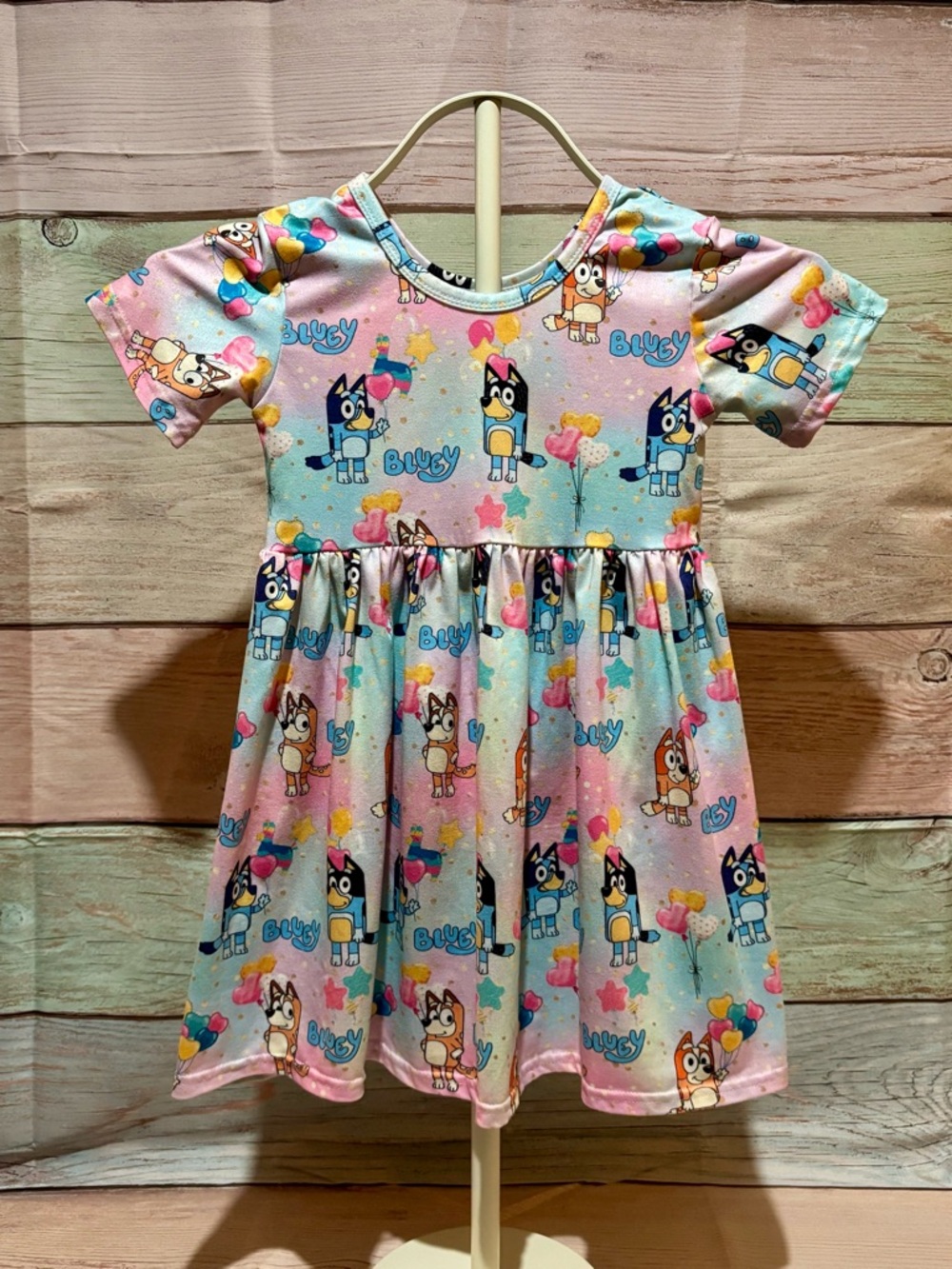 Girls' Pink & Blue Cartoon Print Casual Dress